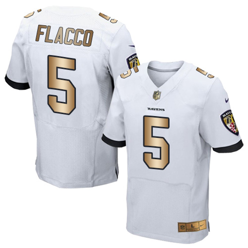 Nike Ravens #5 Joe Flacco White Men's Stitched NFL New Elite Gold Jersey - Click Image to Close
